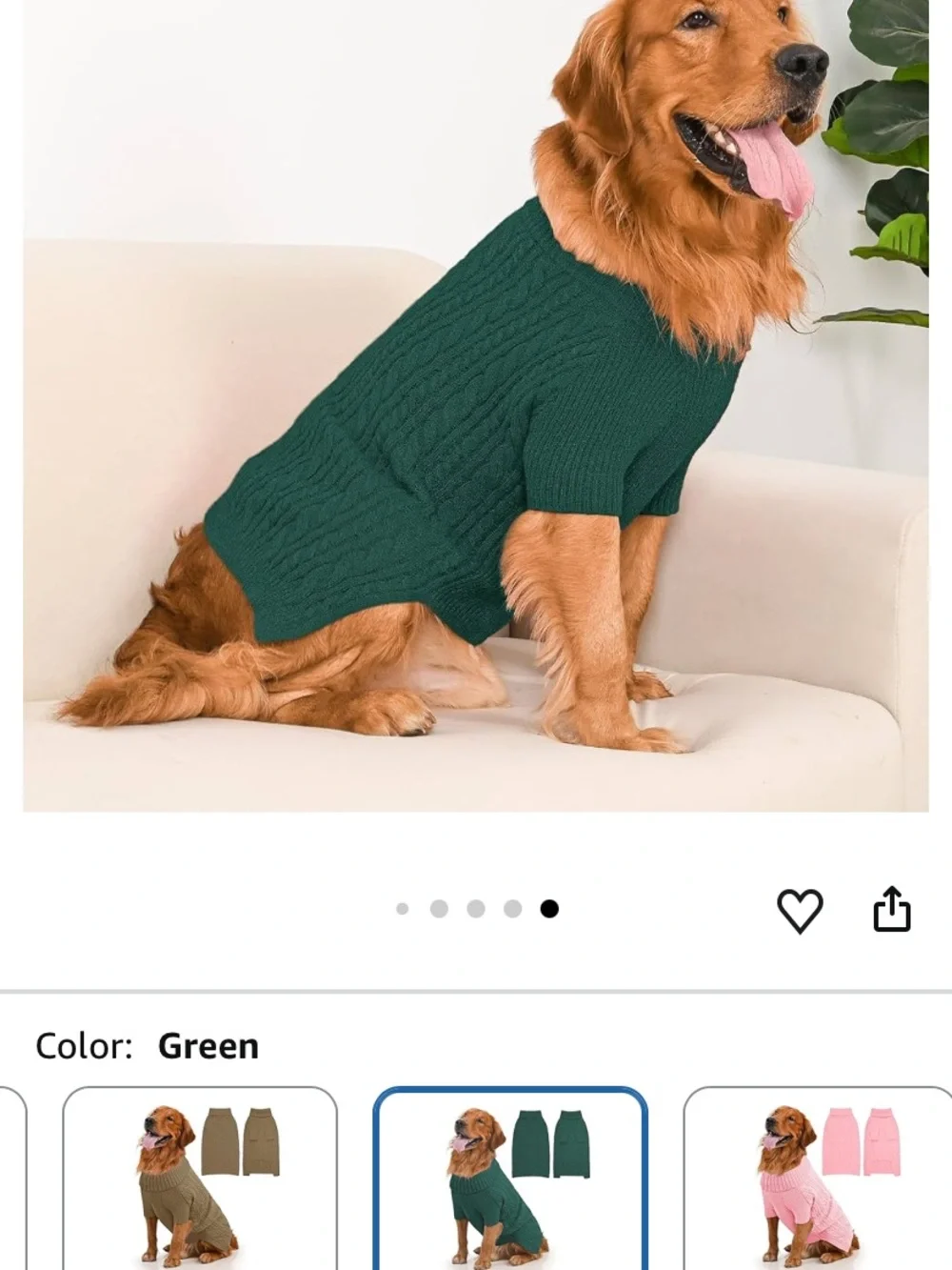 Dog Sweater for Large Dogs, Long Sleeve, Size XL, Green Stretchy cable knit